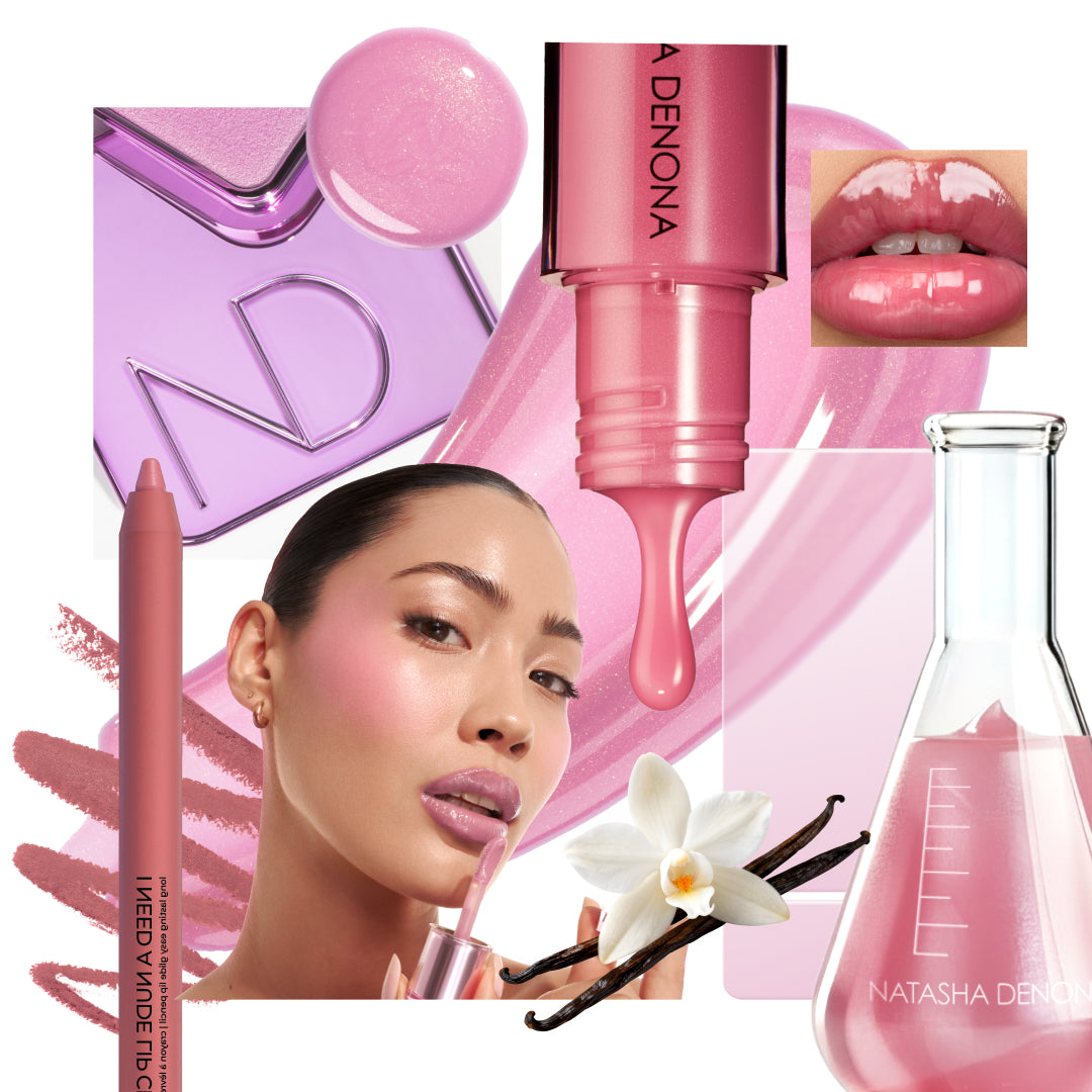 Collage of Natasha Denona products with a focus on pink and purple shades and swatches, featuring a model's face and various cosmetic items.