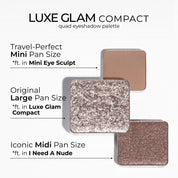 Size comparison graphic of Natasha Denona eyeshadow pans, showcasing the Original Large Pan Size used in the Luxe Glam Compact relative to the Iconic Midi and Travel-Perfect Mini pan sizes.