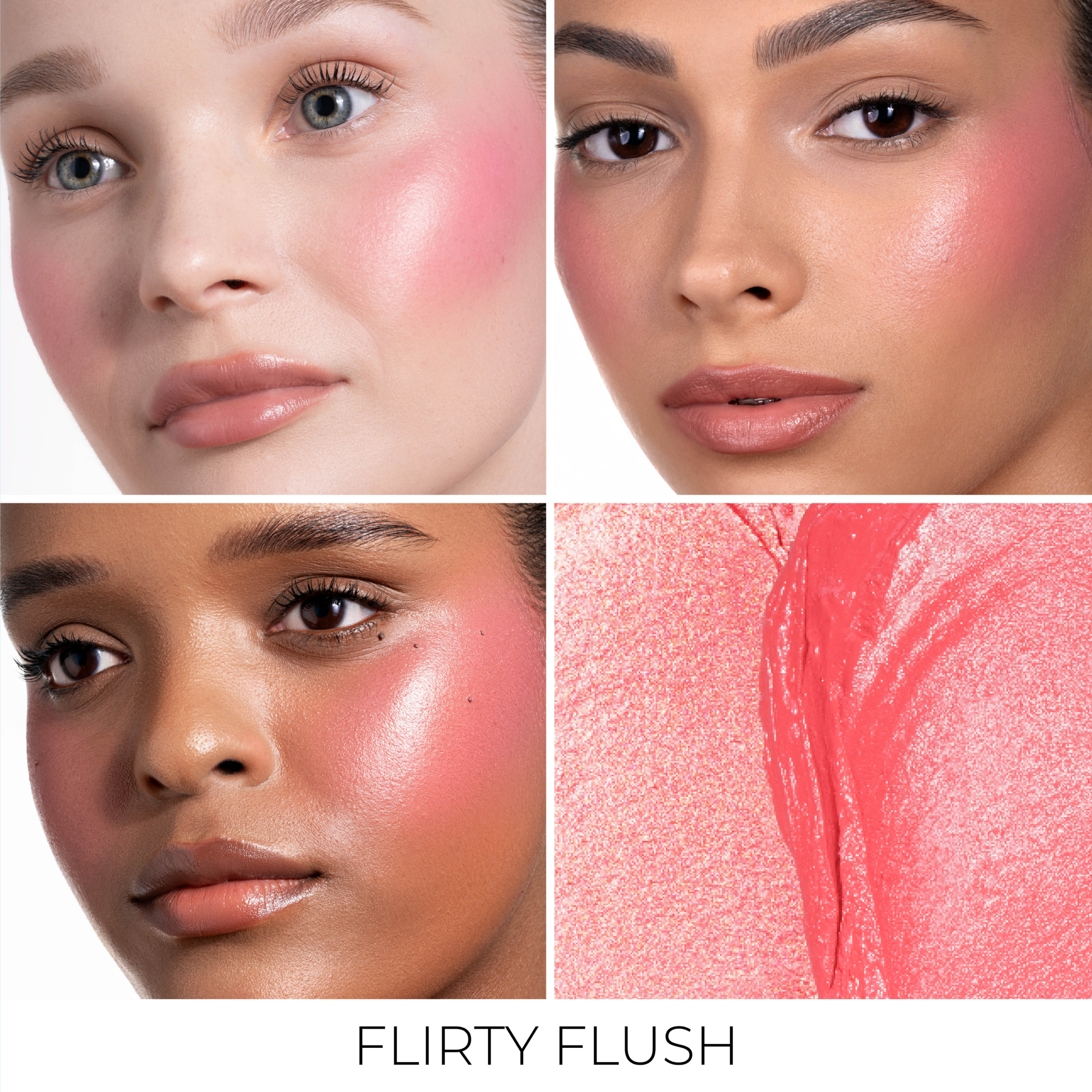 A collage for HY-BLUSH in the shade 'Flirty Flush', featuring three models with different skin tones.