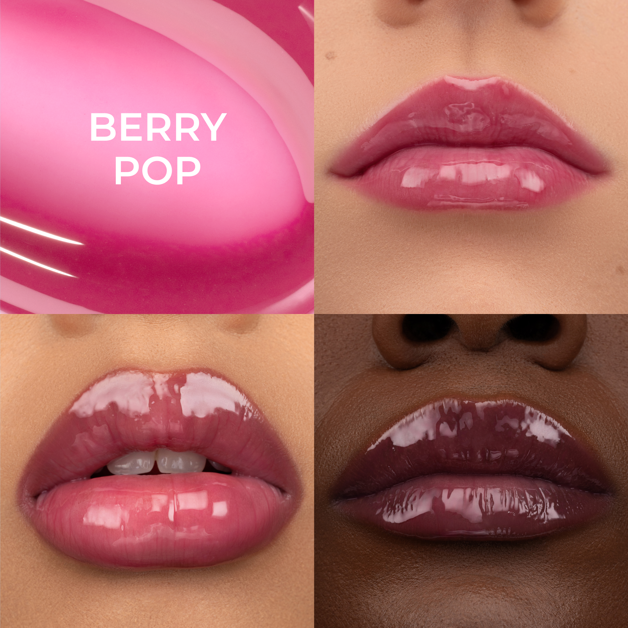 A collage for HY-GLOSS in the shade 'Berry Pop', featuring three lip close-ups across a diverse range of skin tones.