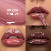 A collage for HY-GLOSS in the shade 'Fresh Mauve', featuring three lip close-ups across a diverse range of skin tones.