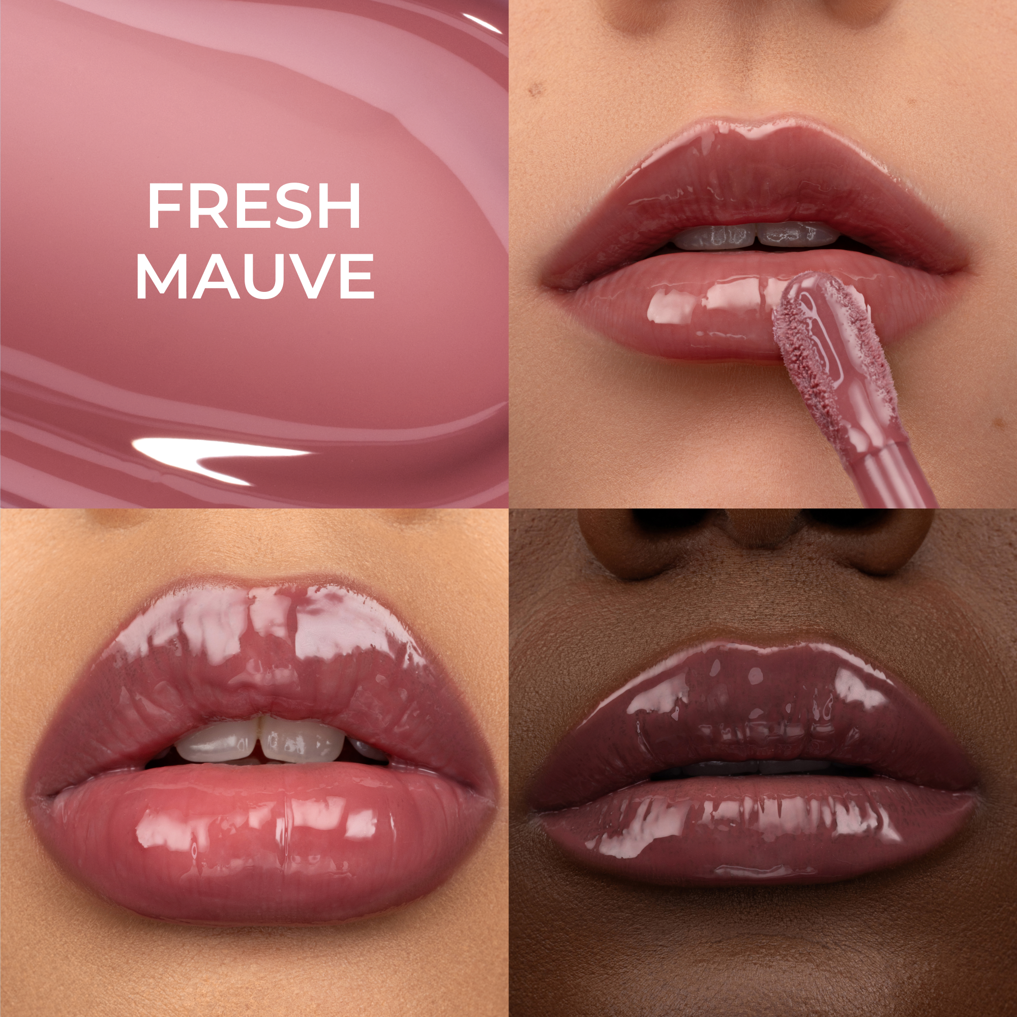 A collage for HY-GLOSS in the shade 'Fresh Mauve', featuring three lip close-ups across a diverse range of skin tones.
