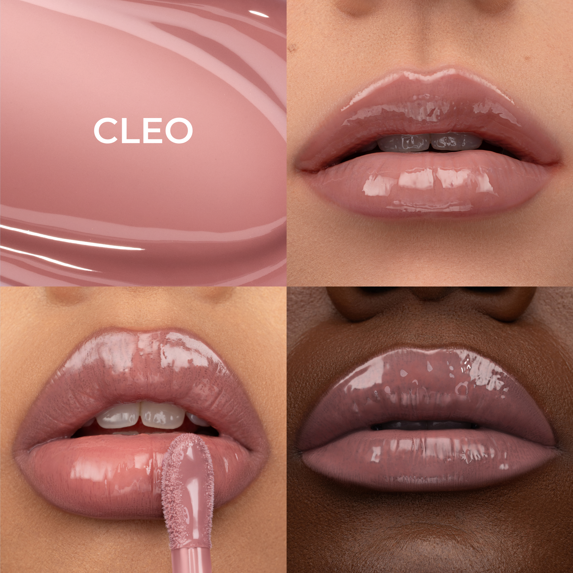 A collage for HY-GLOSS in the shade 'Cleo', featuring three lip close-ups across a diverse range of skin tones.