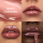 A collage for HY-GLOSS in the shade 'Spicy Caramel', featuring three lip close-ups across a diverse range of skin tones.