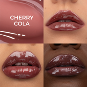 A collage for HY-GLOSS in the shade 'Cherry Cola', featuring three lip close-ups across a diverse range of skin tones.