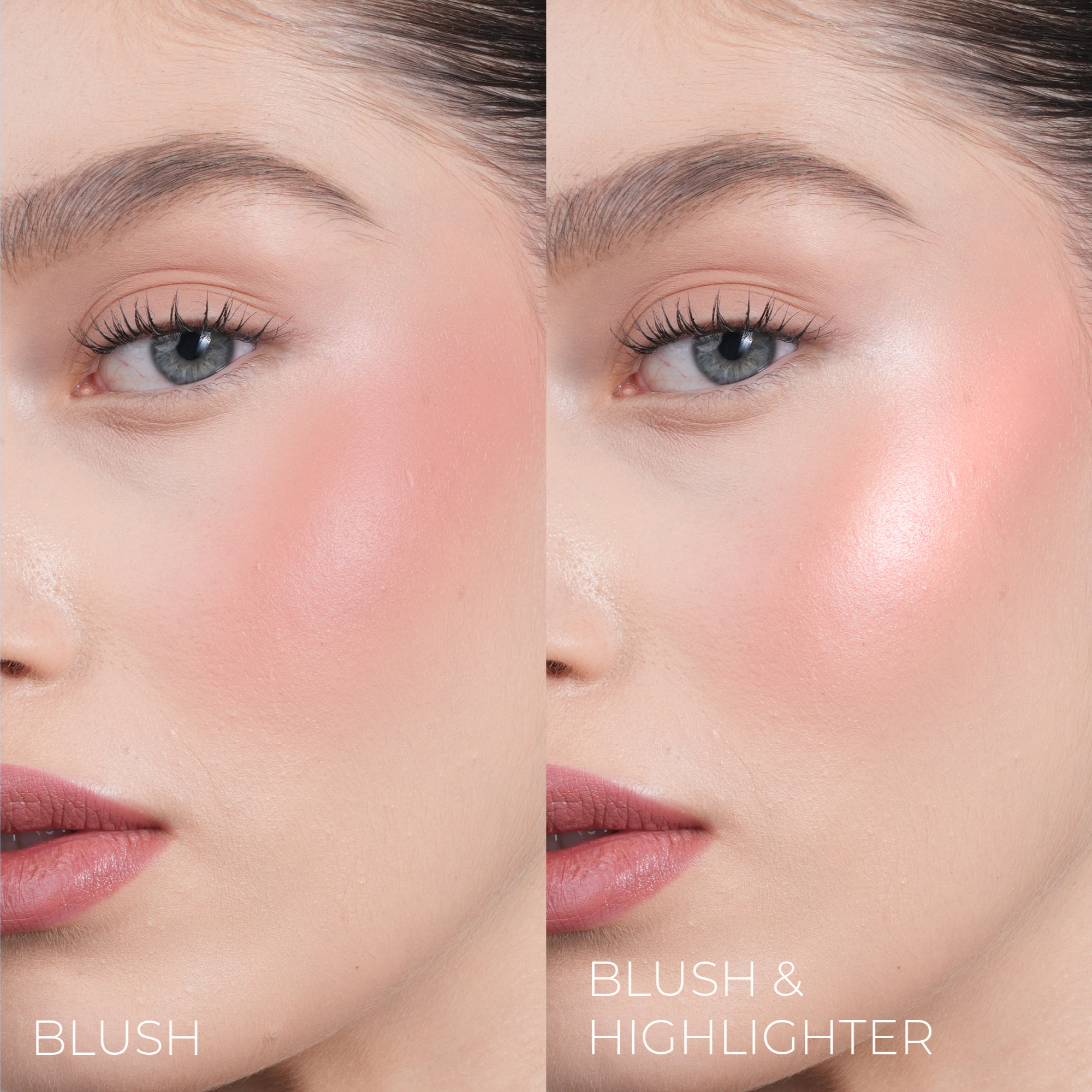 Split screen demonstration of the HY-BLUSH on a model's face, with blush only and with blush and highlighter.