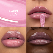 A collage for HY-GLOSS in the shade 'Lush Lila', featuring three lip close-ups across a diverse range of skin tones.