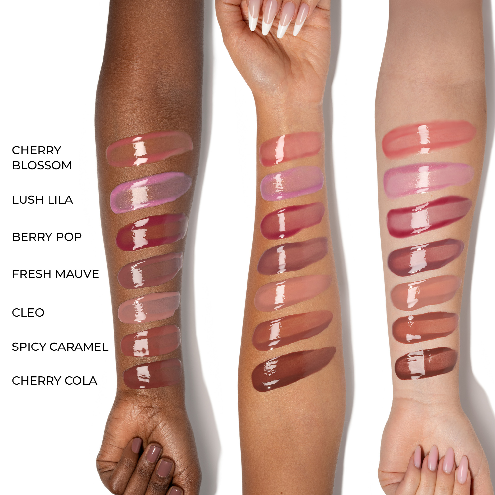 HY-GLOSS arm swatches on different skin tones.
