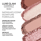 The Luxe Glam Compact in shade 'Rosy' features Natasha Denona’s signature high-performance formulas designed for professional results - Sparkling Foiled, Creamy Matte and Metallic.
