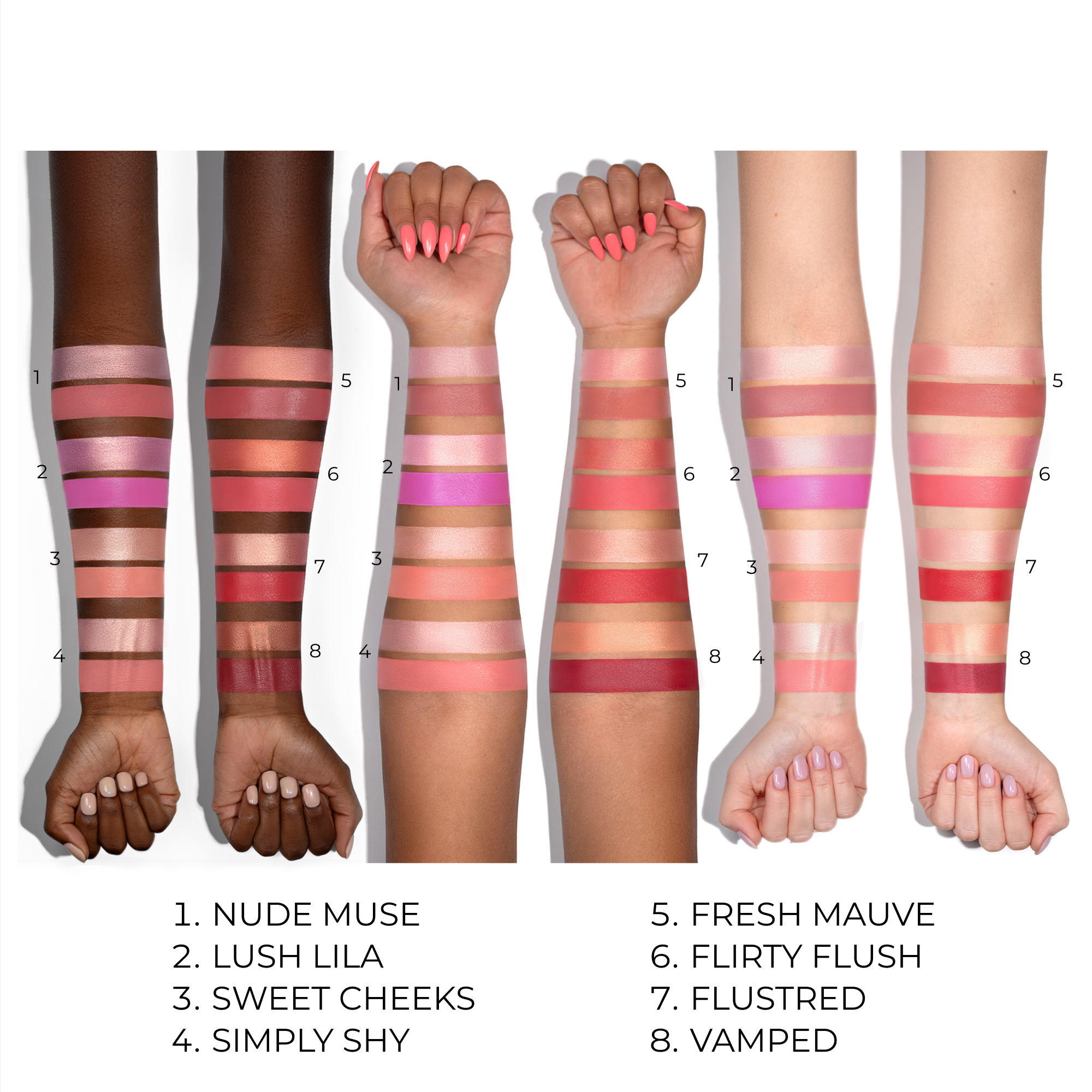 HY-BLUSH arm swatches on different skin tones.
