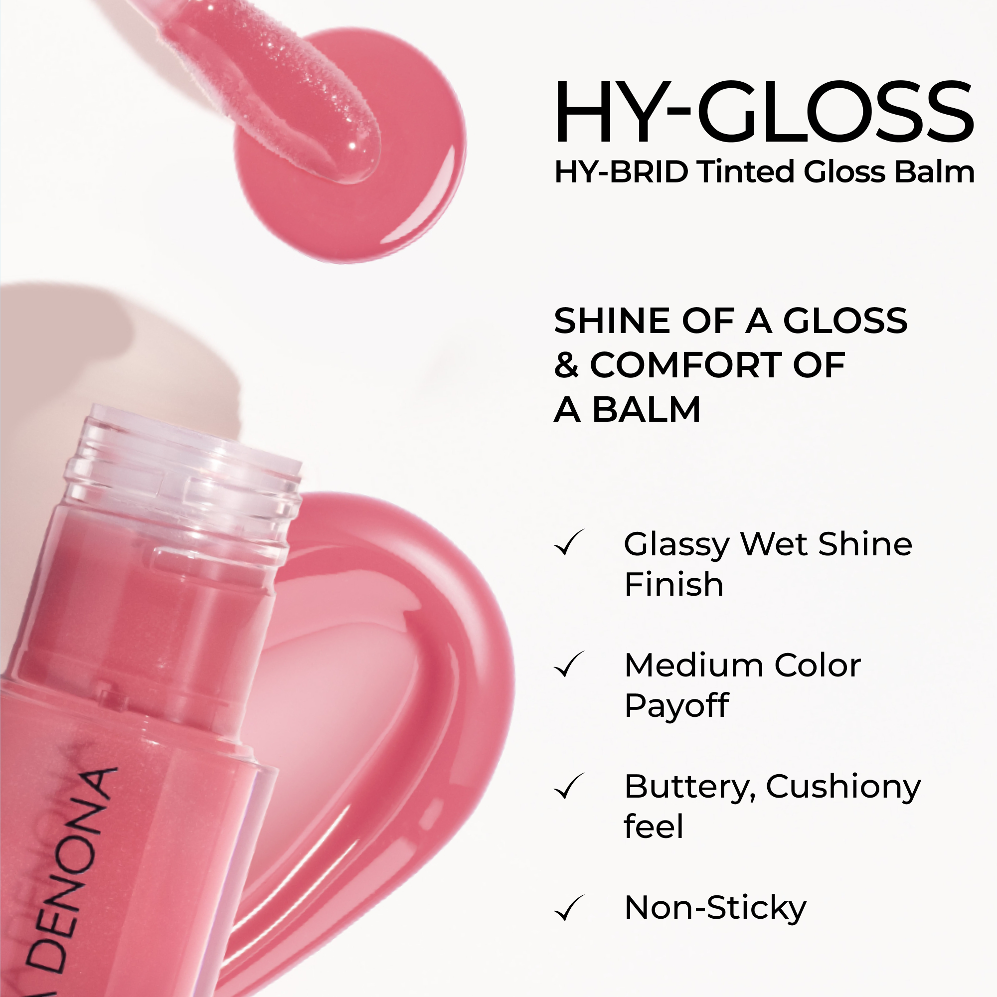 HY-GLOSS Tinted Gloss Balm with product and brand name with text about its features and benefits on a white background.