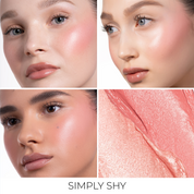 A collage for HY-BLUSH in the shade 'Simply Shy', featuring three models with different skin tones.