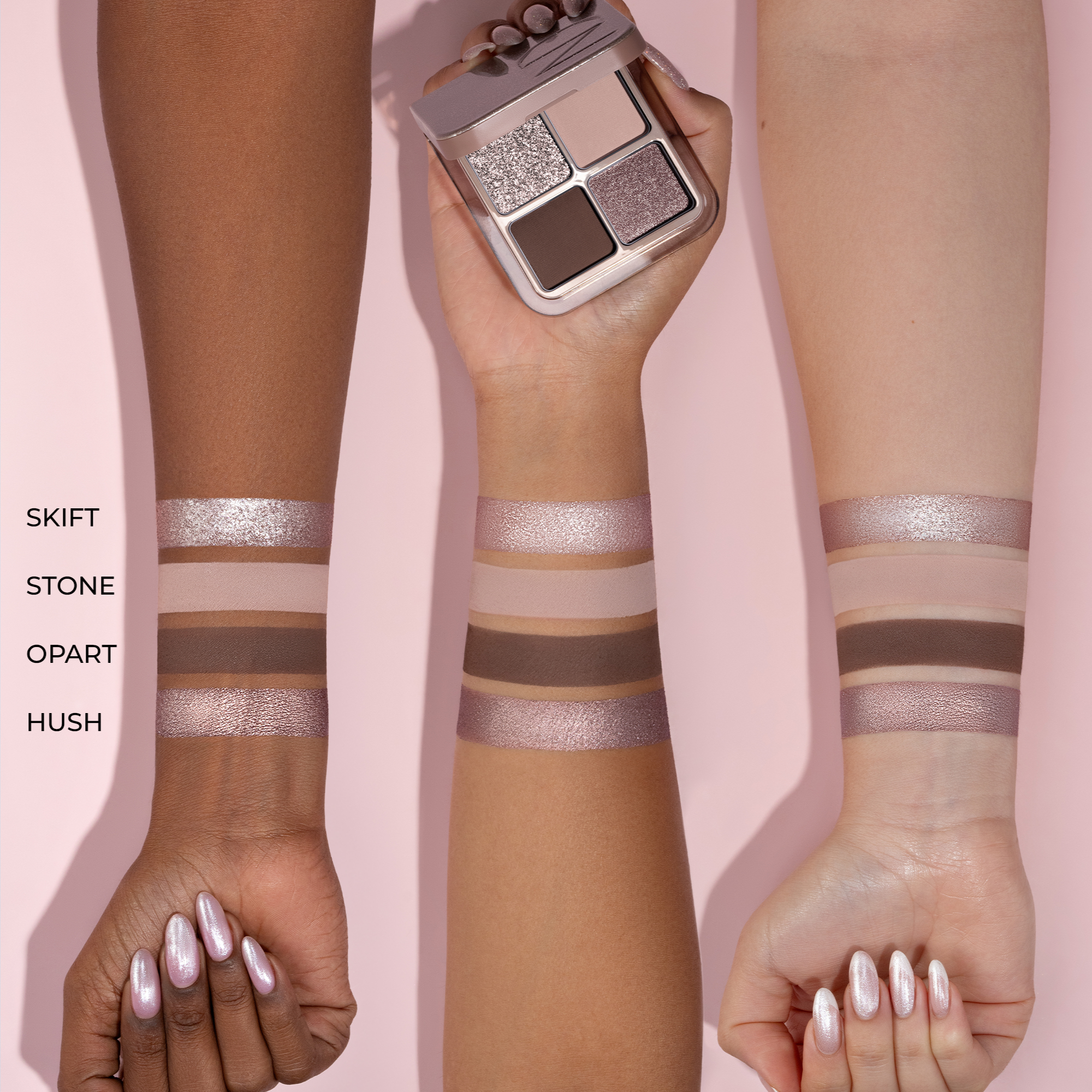 Luxe Glam Compact in shade 'Cool' arm swatches on different skin tones.