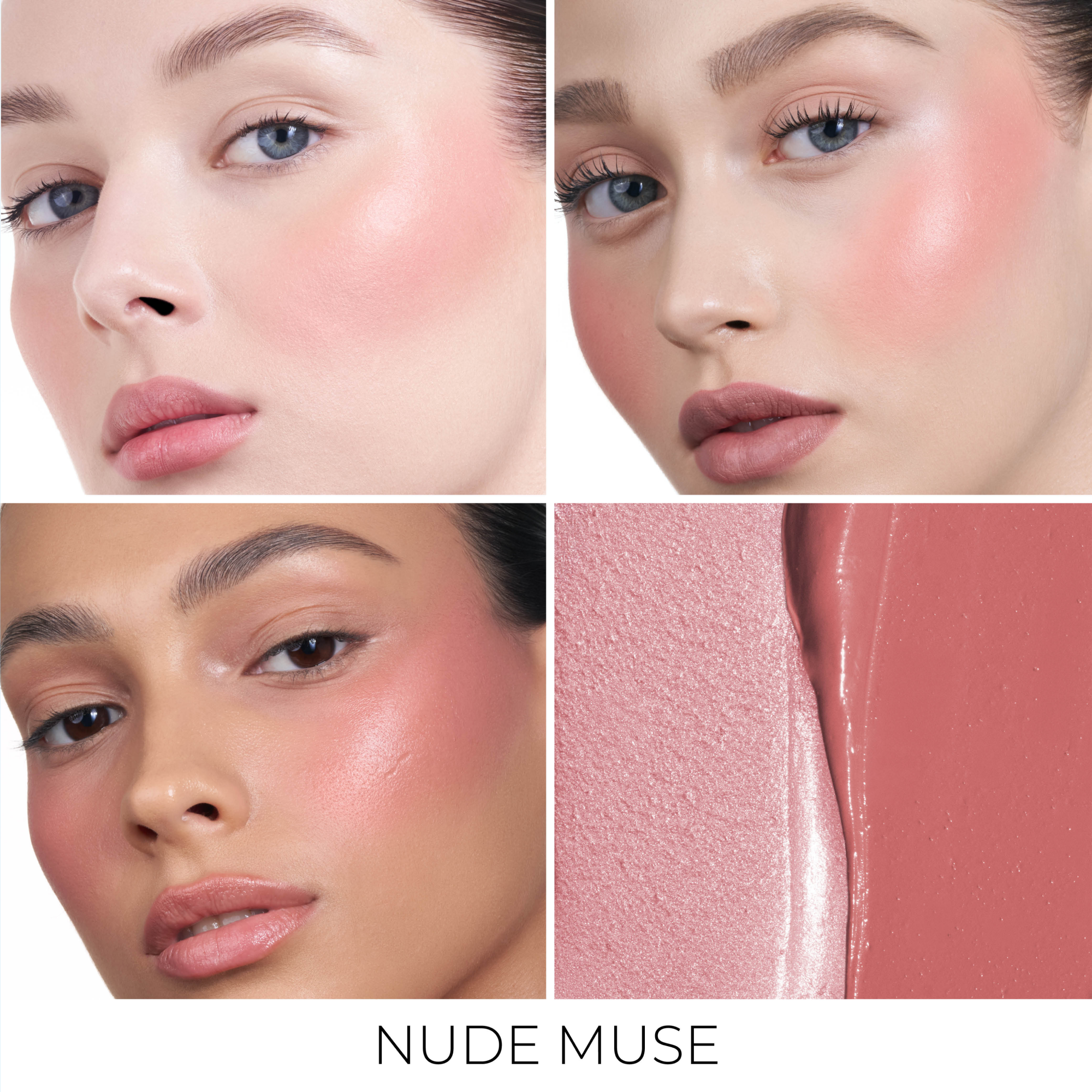 A collage for HY-BLUSH in the shade 'Nude Muse', featuring three models with different skin tones.