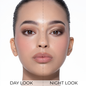 Split-face comparison of a model wearing the Luxe Glam Compact in 'Nude', demonstrating a soft matte 'Day Look' on the left and a sparkling foiled 'Night Look' on the right.