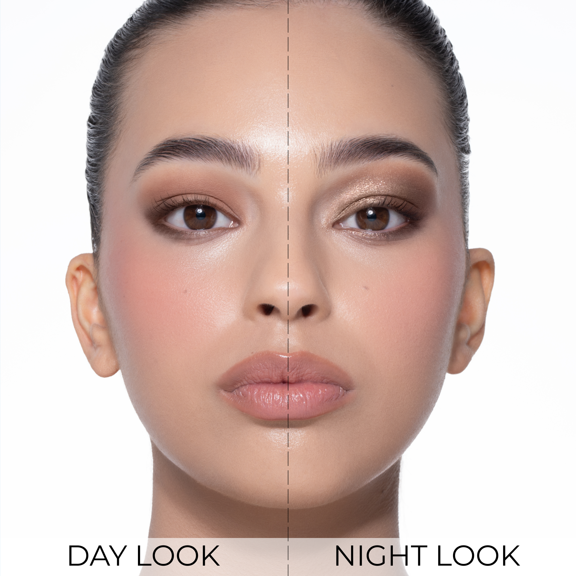 Split-face comparison of a model wearing the Luxe Glam Compact in 'Nude', demonstrating a soft matte 'Day Look' on the left and a sparkling foiled 'Night Look' on the right.