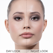 Split-face comparison of a model wearing the Luxe Glam Compact in 'Cool', demonstrating a soft matte 'Day Look' on the left and a sparkling foiled 'Night Look' on the right.