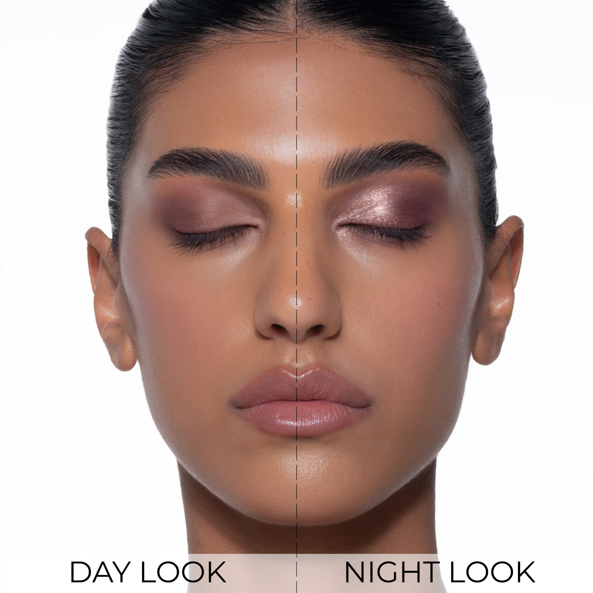 Split-face comparison of a model wearing the Luxe Glam Compact in 'Rosy', demonstrating a soft matte 'Day Look' on the left and a sparkling foiled 'Night Look' on the right.