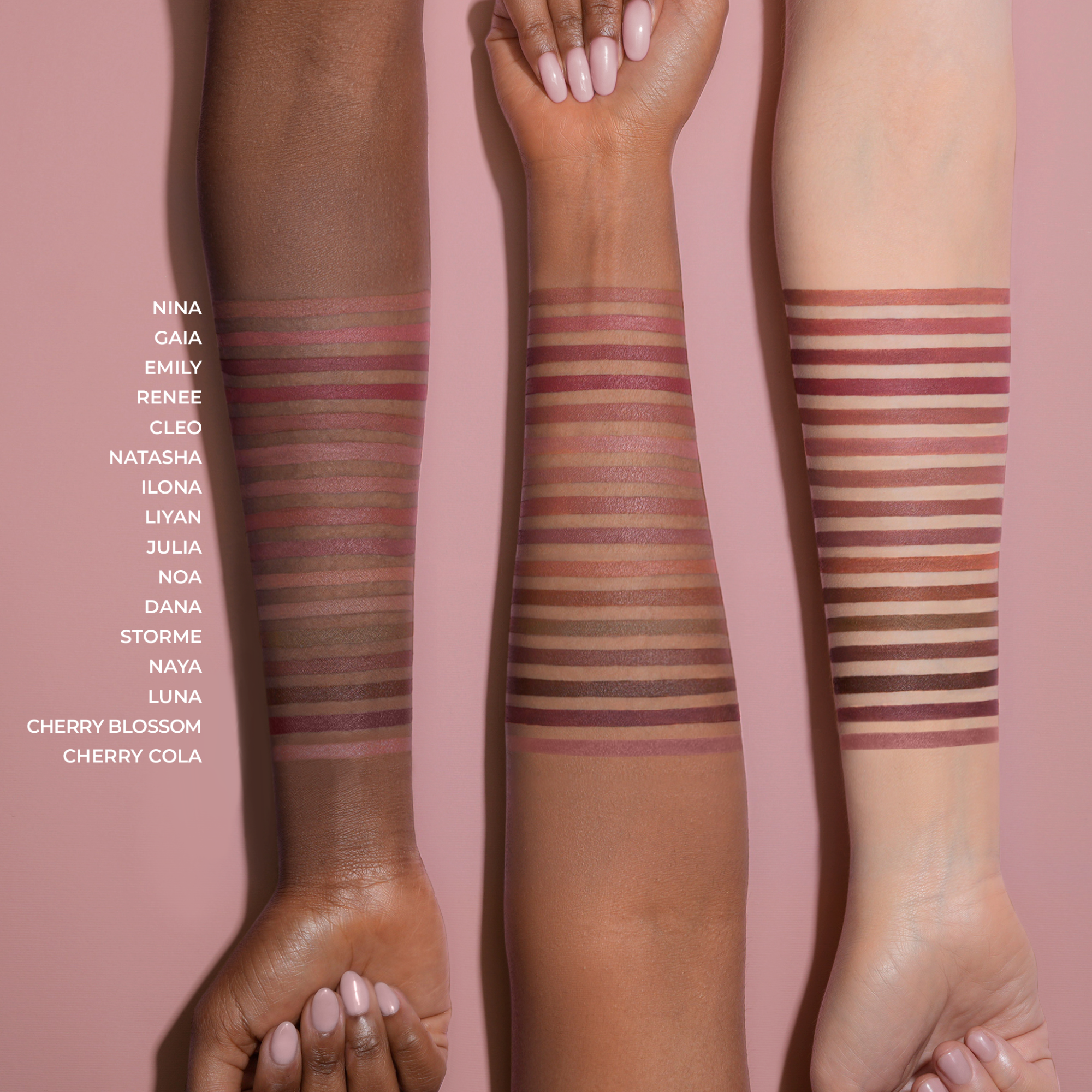 I Need a Nude Lip Crayon arm swatches on different skin tones.