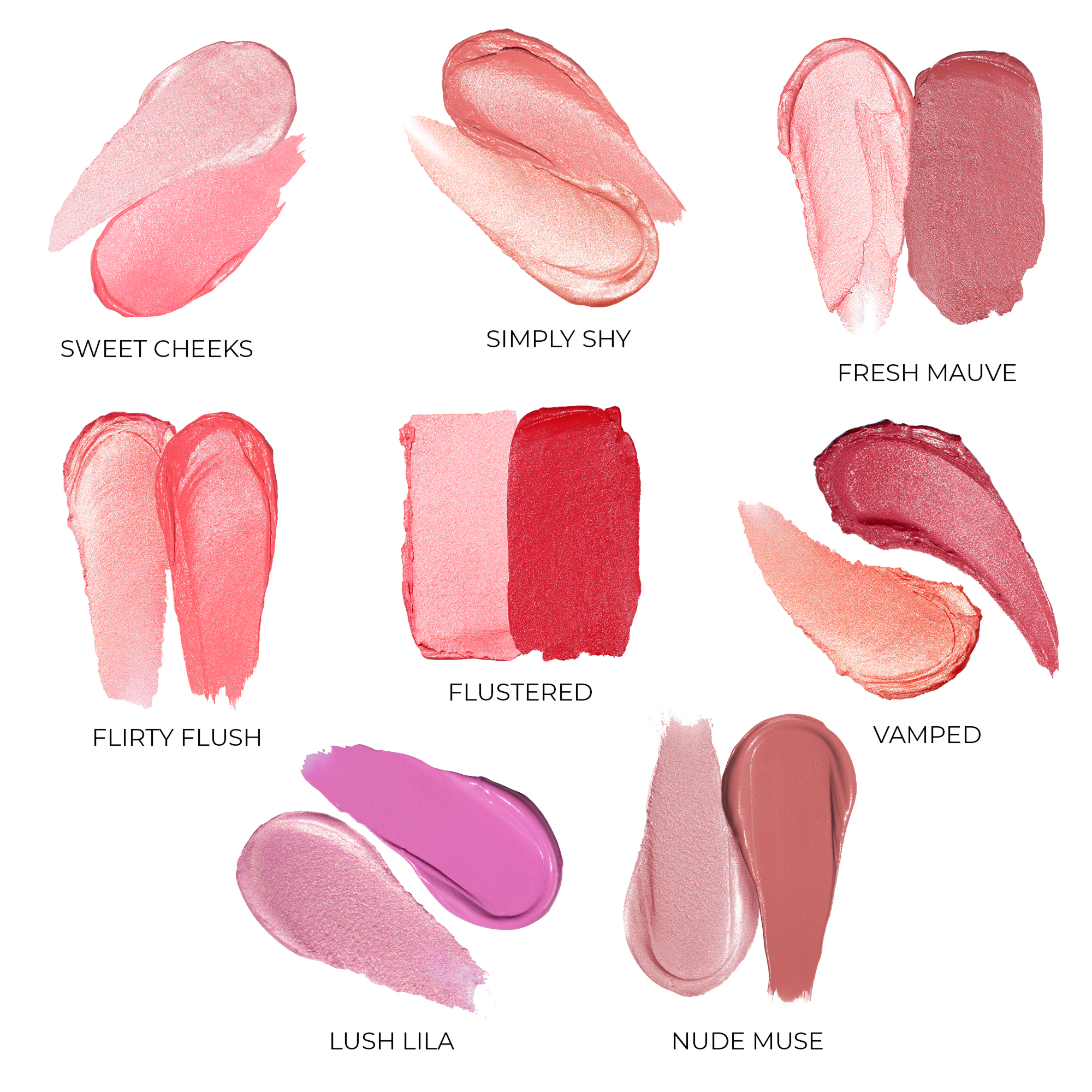 HY-BLUSH Blush and Highlighter swatches with shade titles on a white background.