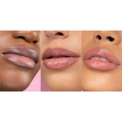 A three-panel demonstration of the I Need a Rose Lip Gloss shade 'Daphne' on models with different skin tones.